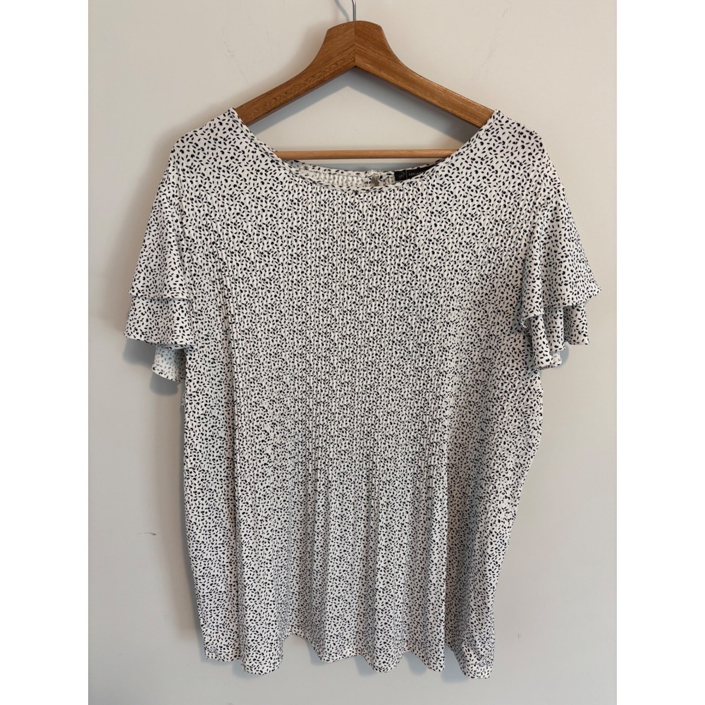 Adrianna Papell 1X Pleated Knit Double Sleeve Top Ivory Black Leaf Print NWT